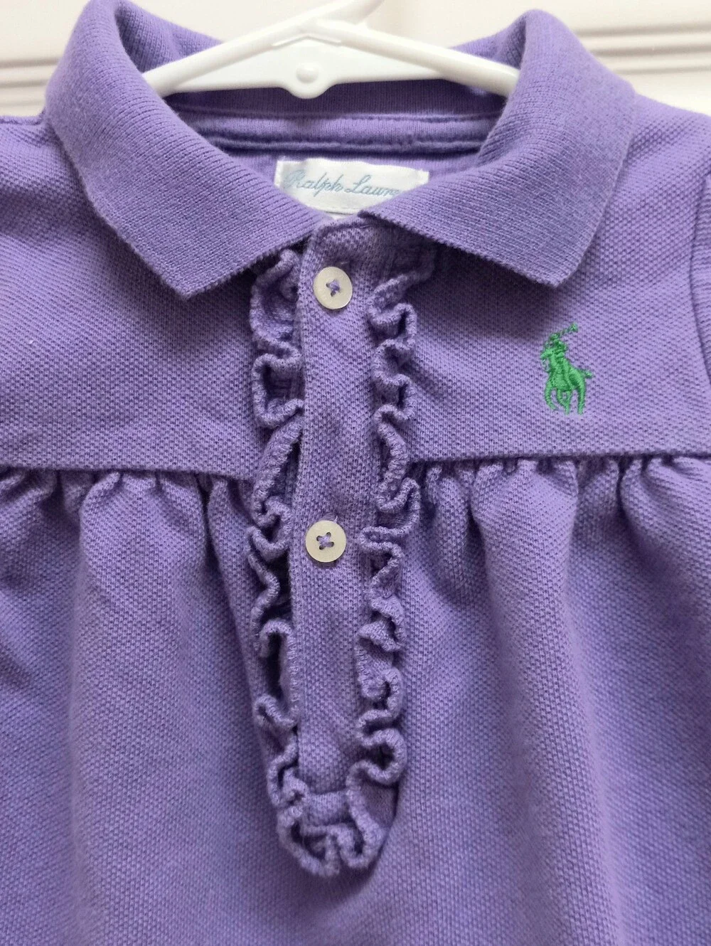 Ralph Lauren Baby Girl Bubble Romper 9 Months Purple Ruffle Polo Logo Preppy